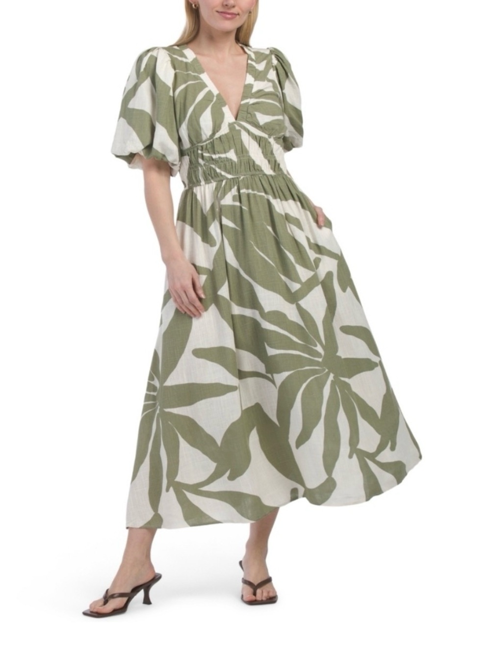 Olive & White Midi Dress with Puff Sleeves
